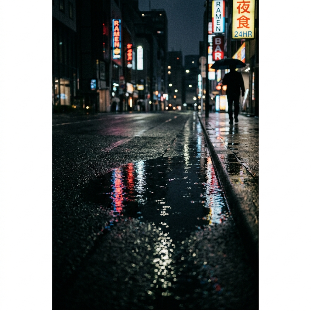 Neon lights reflection in puddle on rain-slicked street - Street Photography by Mahabub Esan